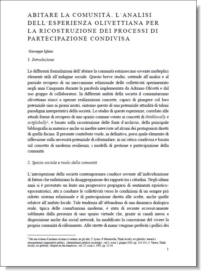 Abitare la comunità, l’analisi dell’esperienza olivettiana per la ricostruzione dei processi di partecipazione condivisa di Giuseppe Iglieri